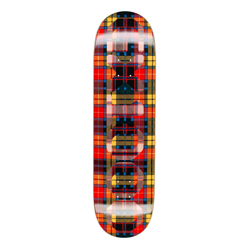 Skateboard deck with a plaid pattern on a white background