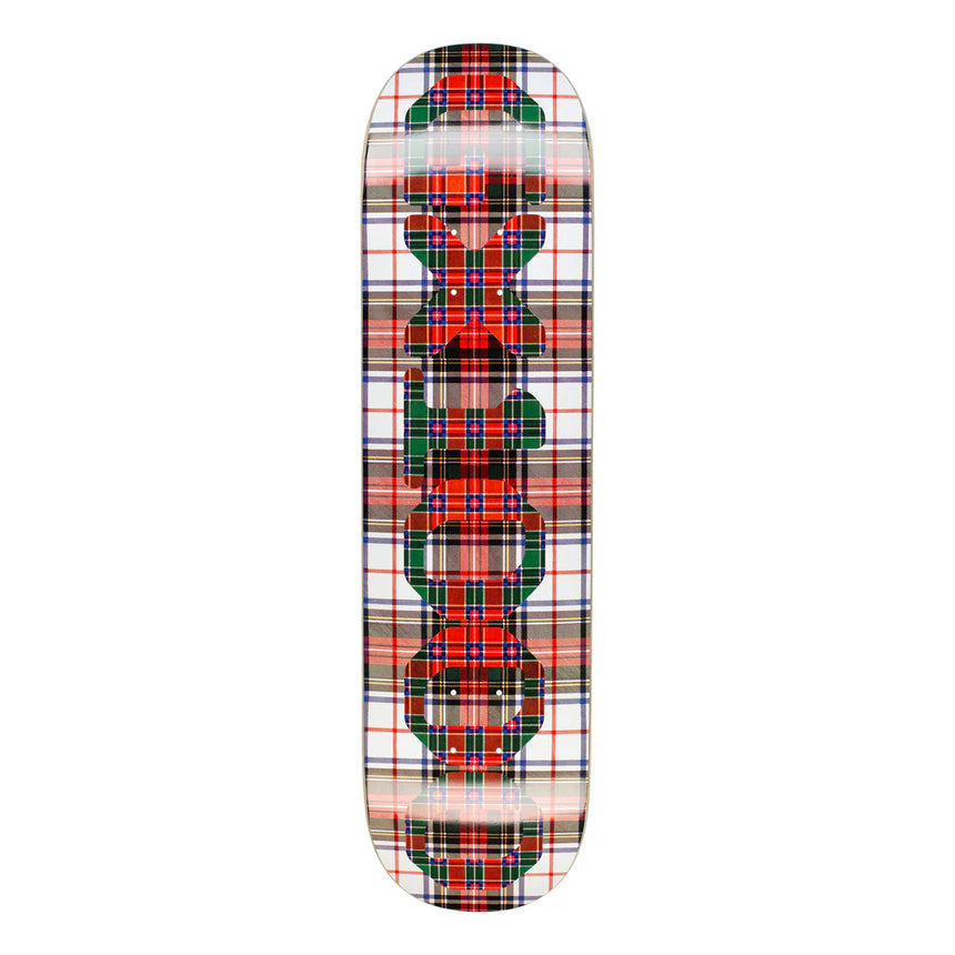 Skateboard deck with a plaid pattern on a white background
