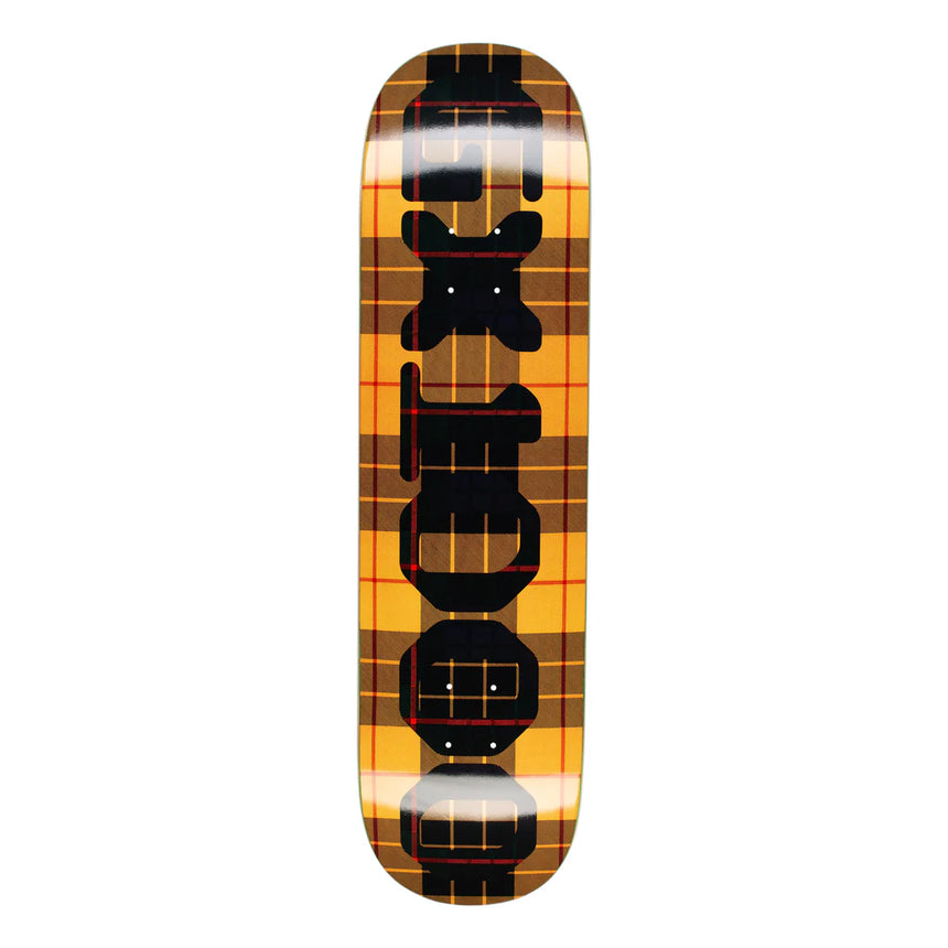 Skateboard deck with plaid pattern and black logo on a white background