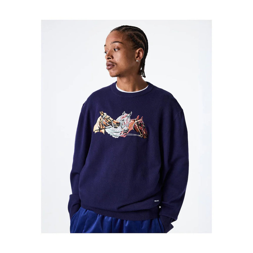 Person wearing a navy blue sweatshirt with a colorful graphic design on a white background