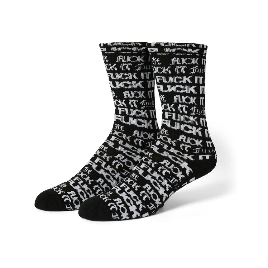 Black socks with white text pattern on a white background
