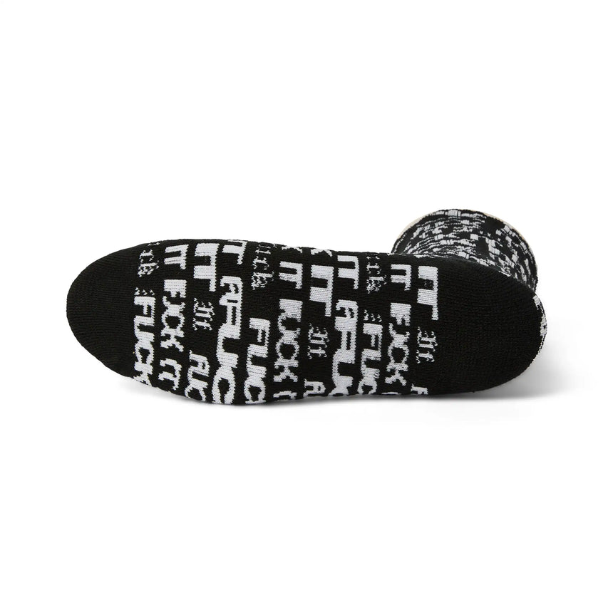 Black socks with white text on a white background