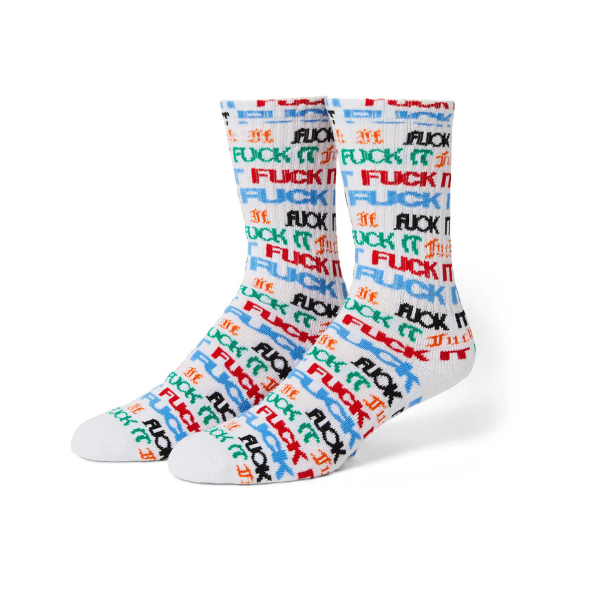 Colorful socks with 'F*ck' text pattern on a white background