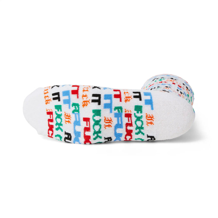 White sock with colorful fuck it pattern on a white background