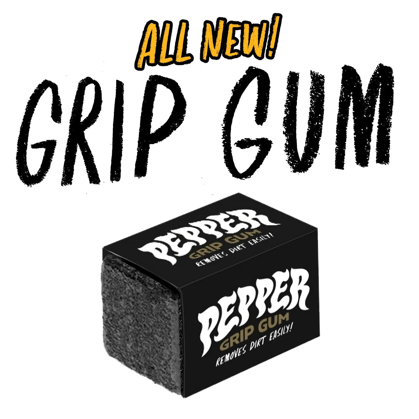 Box of Pepper Grip Gum with promotional text on a white background