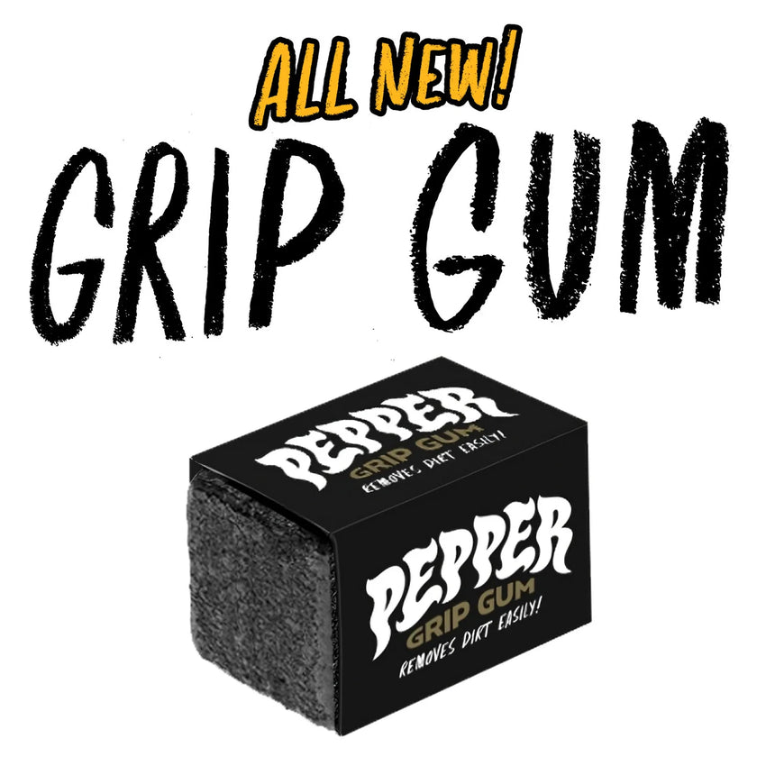 Box of Pepper Grip Gum with promotional text on a white background