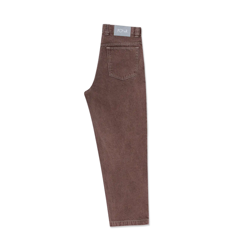 Brown pants with a visible brand label on a white background