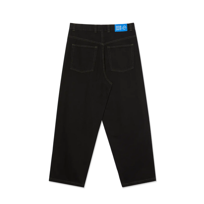 Black pants with a blue label on a white background
