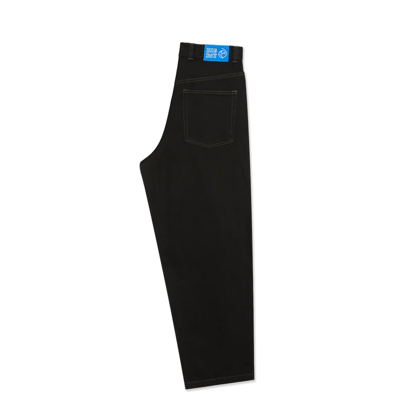 Black jeans with a brand label on a white background