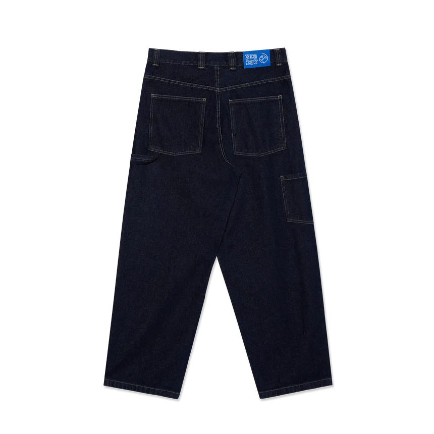 Dark blue jeans with a brand label on a white background