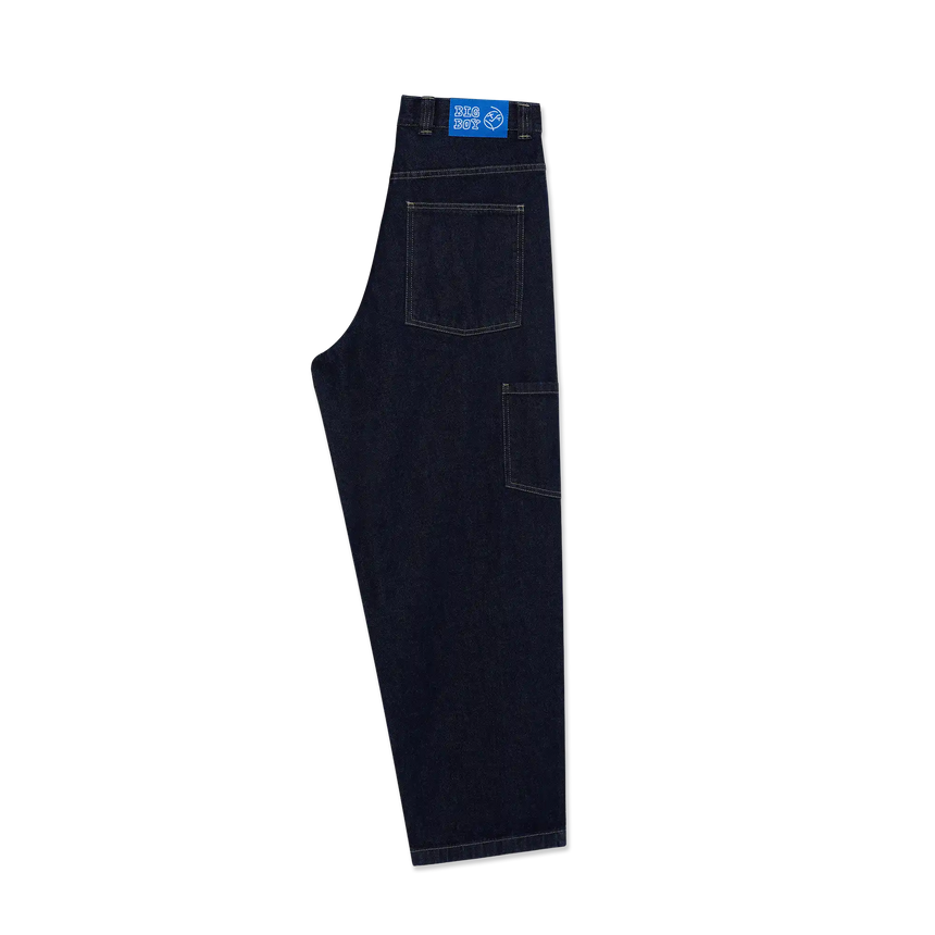 Black denim jeans with a visible brand label on a white background