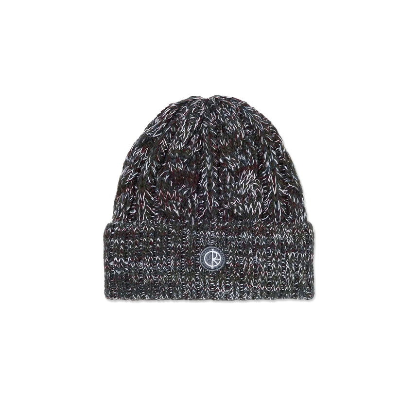Knitted beanie with a logo on a white background