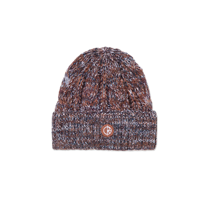 Knitted beanie with a brand logo on a white background