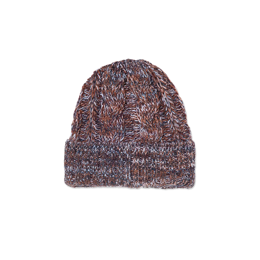 Knitted beanie hat with a cable pattern on a white background