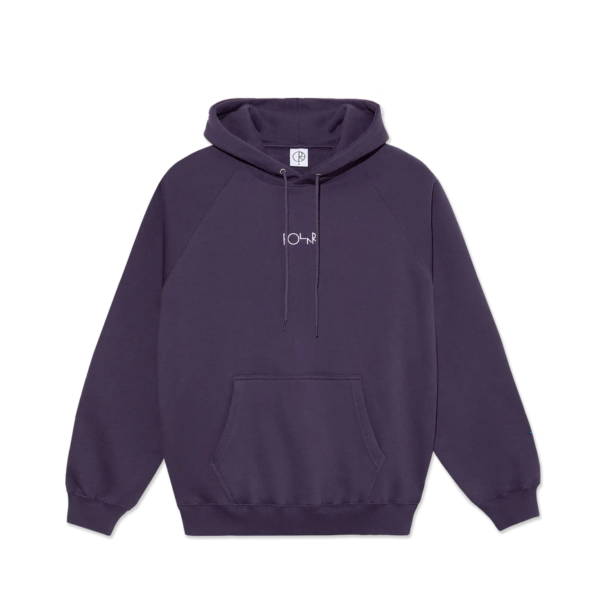 Purple hoodie with a brand logo on a white background
