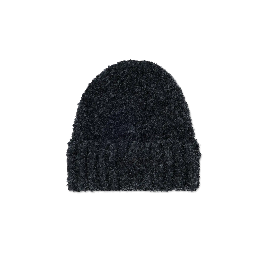 Black knit beanie on a white background