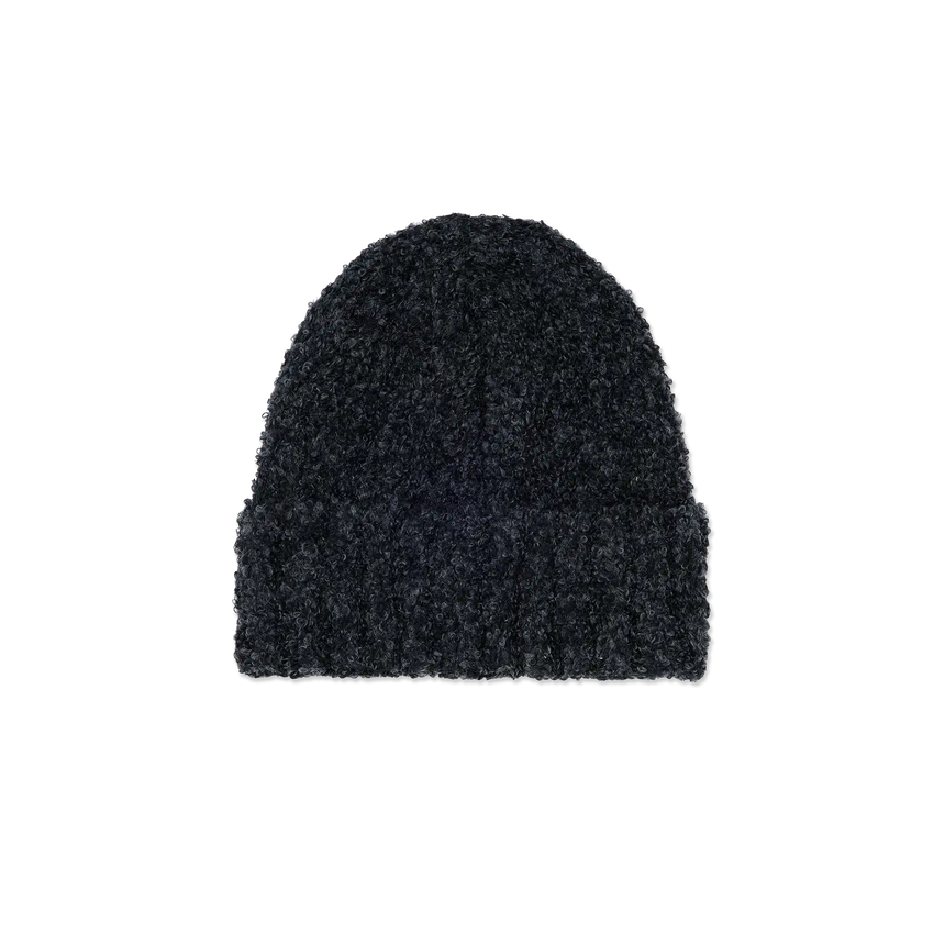 Black knit beanie on a white background