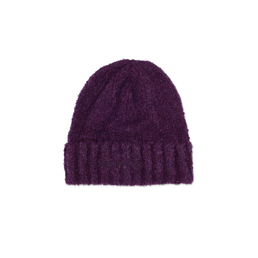 Purple knit beanie on a white background