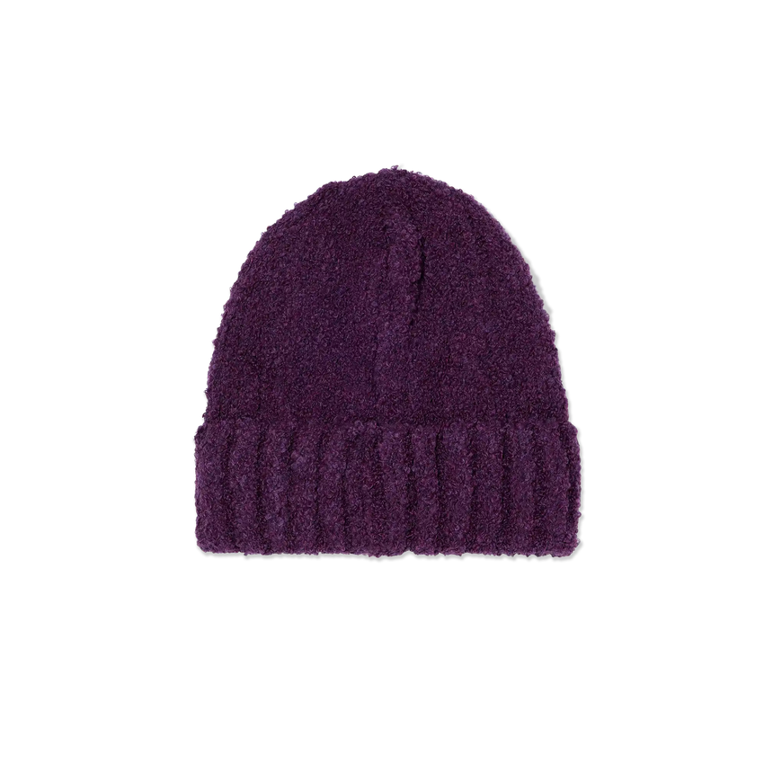 Purple knit beanie on a white background