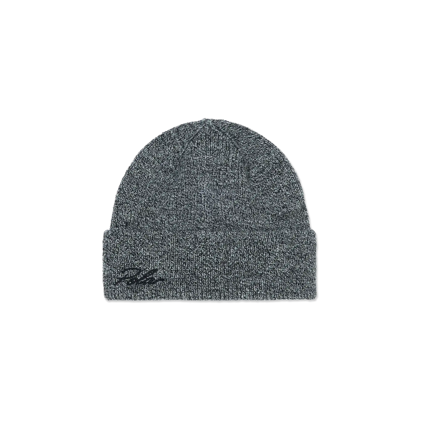 Gray beanie with a logo on a white background