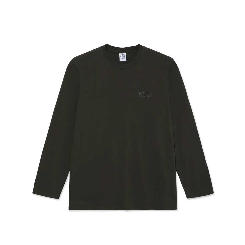 Black long-sleeve shirt with a small logo on a white background