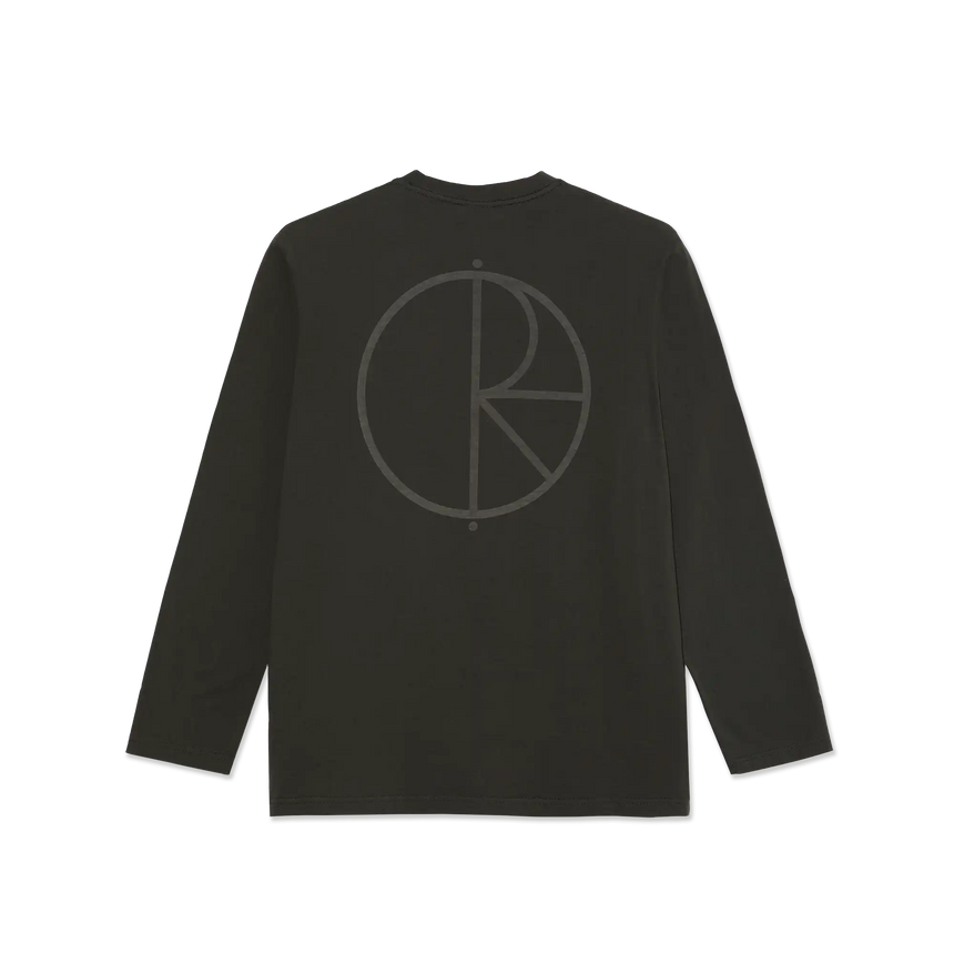 Black long-sleeve shirt with a logo on the back against a white background