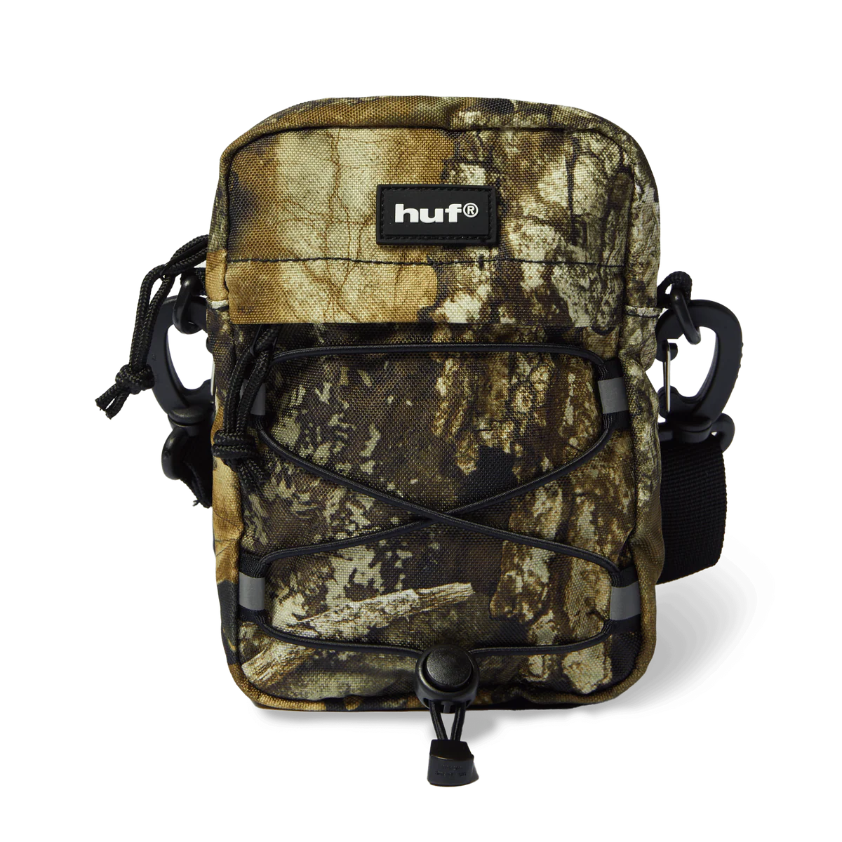 Camouflage bag with 'huf' logo on a white background