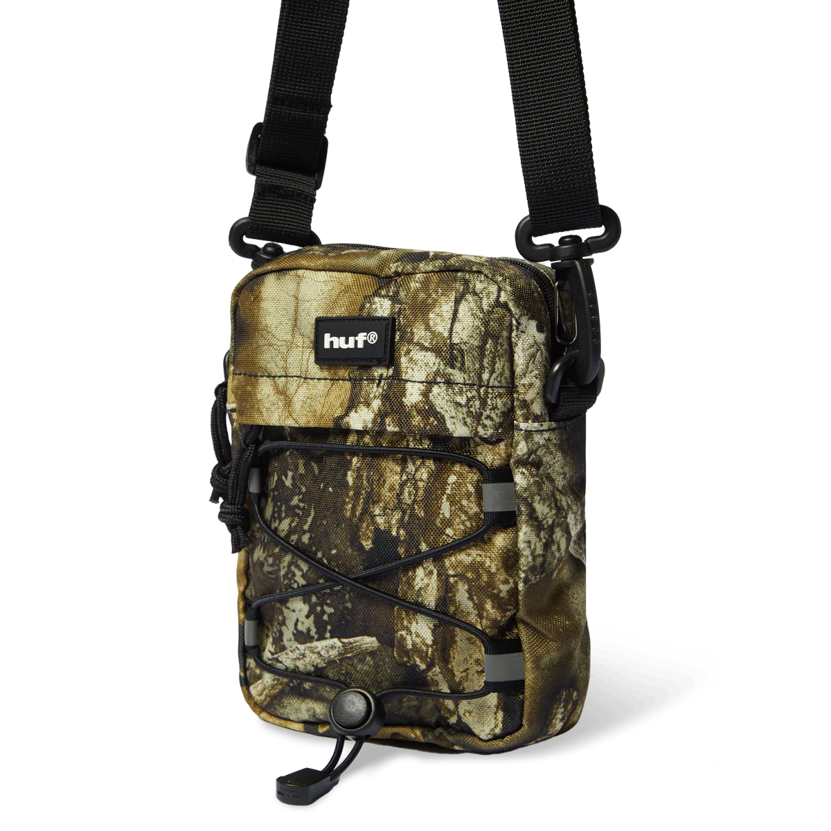 Camouflage crossbody bag with 'huf' logo on a white background