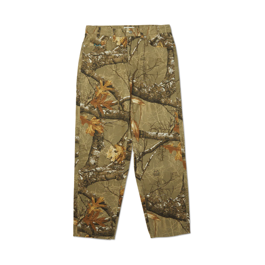 Camouflage pants with tree branch pattern on a white background