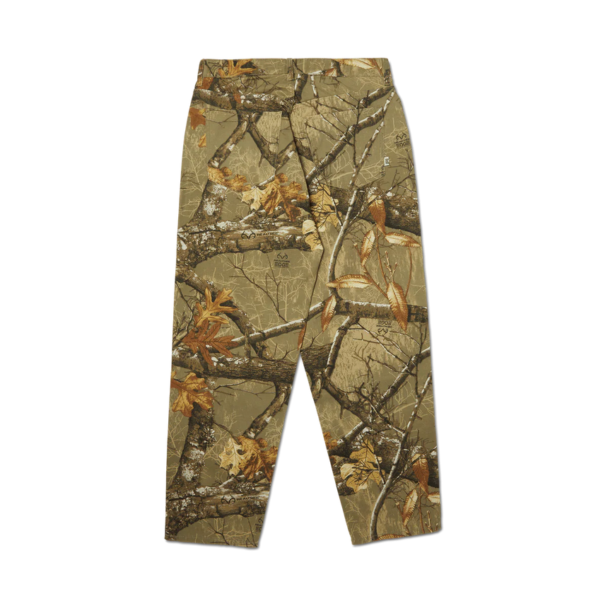 Camouflage pants with tree branch pattern on a white background
