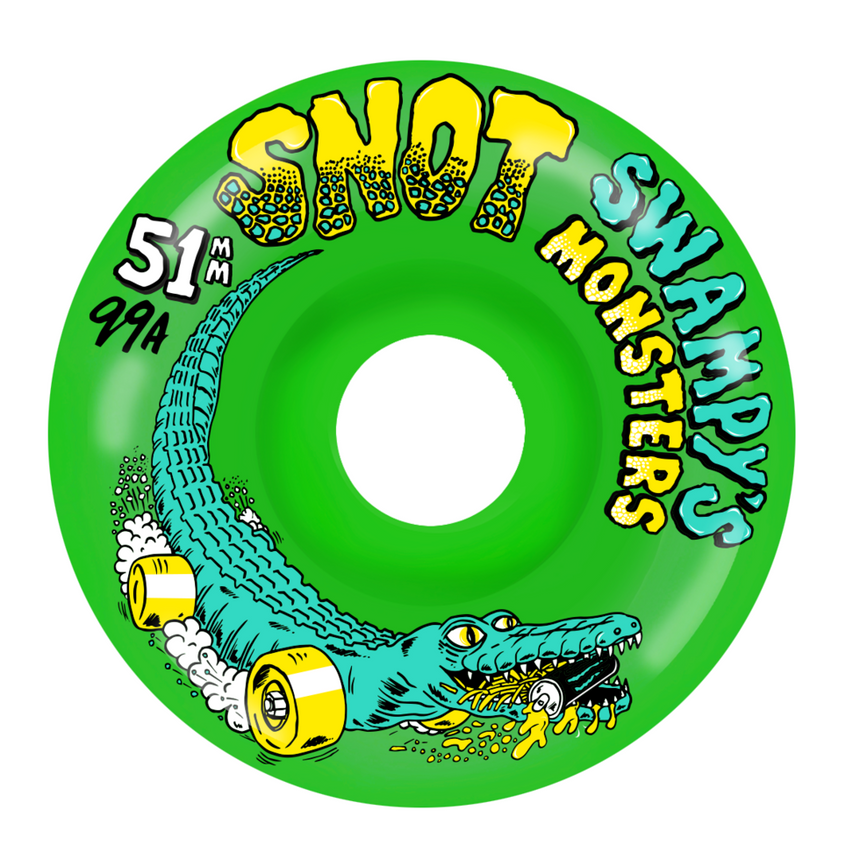 Green skateboard wheel with a crocodile design and 'Shot Swampy's' branding on a white background.