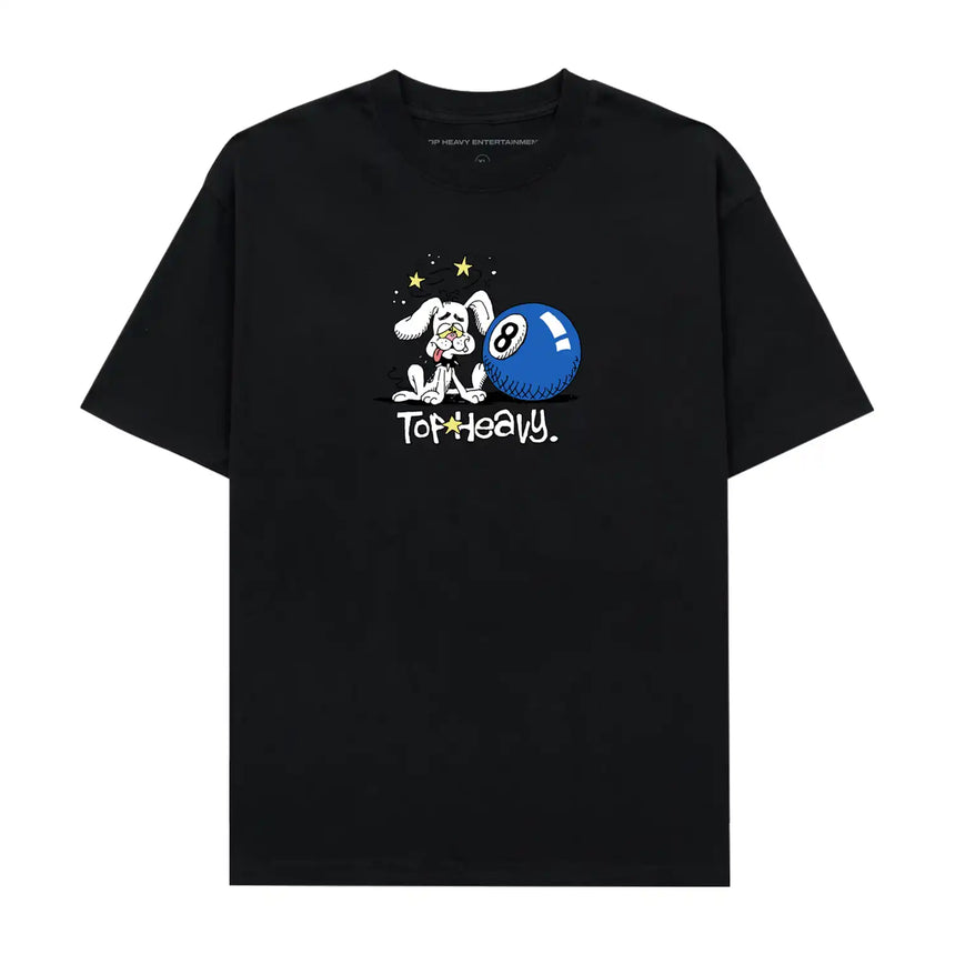 Black t-shirt with cartoon character and blue ball design on a white background