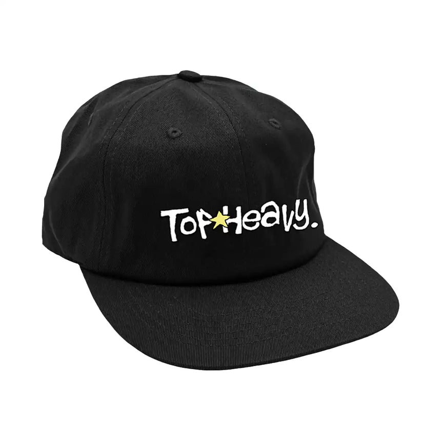 Black cap with 'Top Heavy' text on a white background