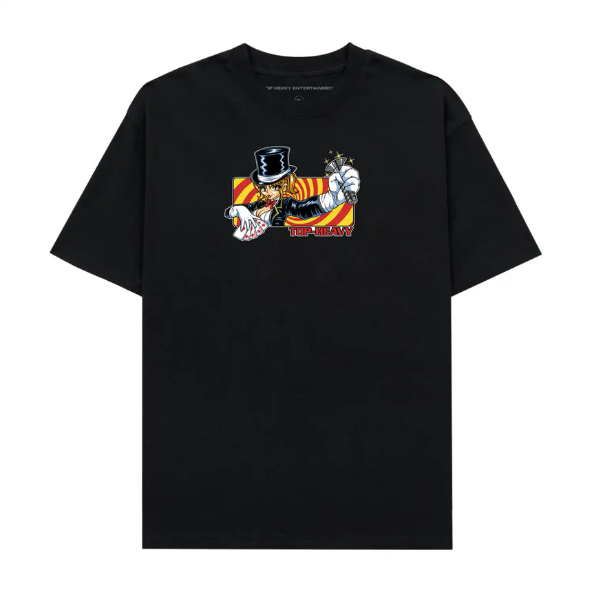 Black t-shirt with a colorful graphic design on a white background