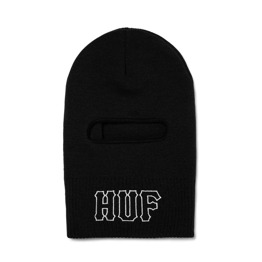 Black balaclava with 'HUF' logo on a white background