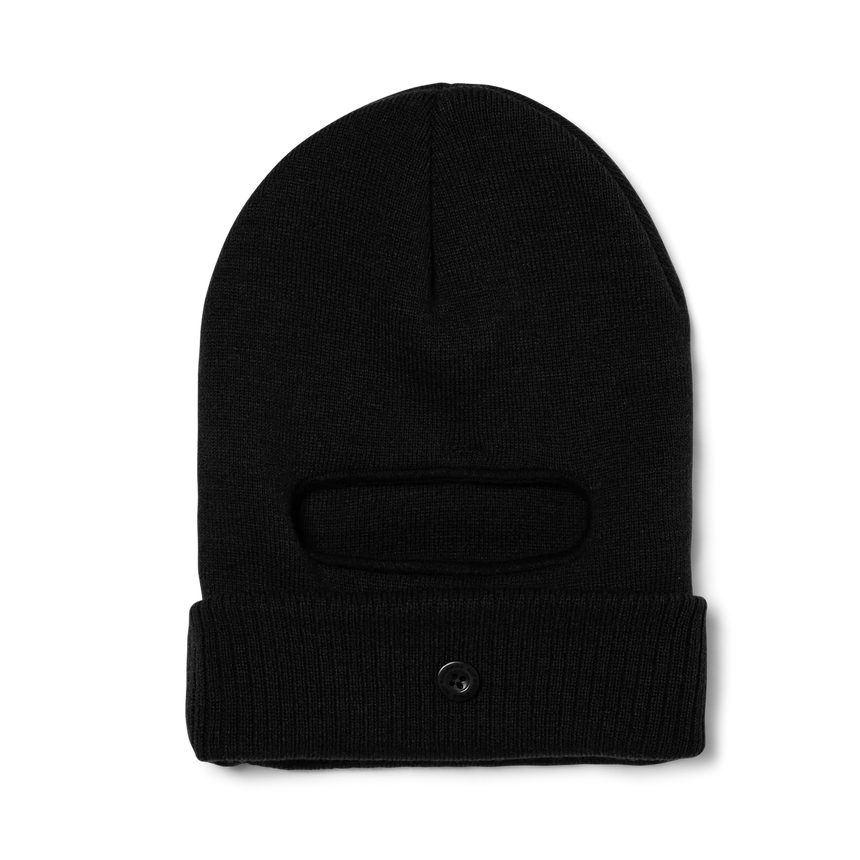 Black knit beanie with a face mask on a white background