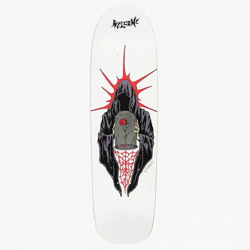 Skateboard deck with a hooded figure and red accents on a white background