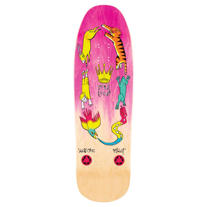 Skateboard deck with colorful animal illustrations and a pink gradient background