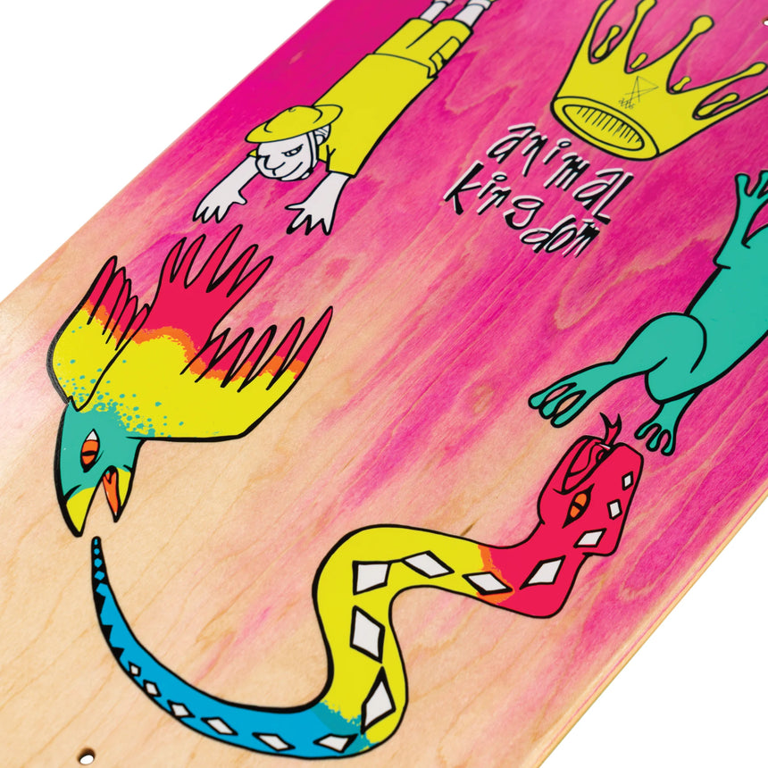 Colorful skateboard deck with cartoonish designs of hands and animals on a pink background.