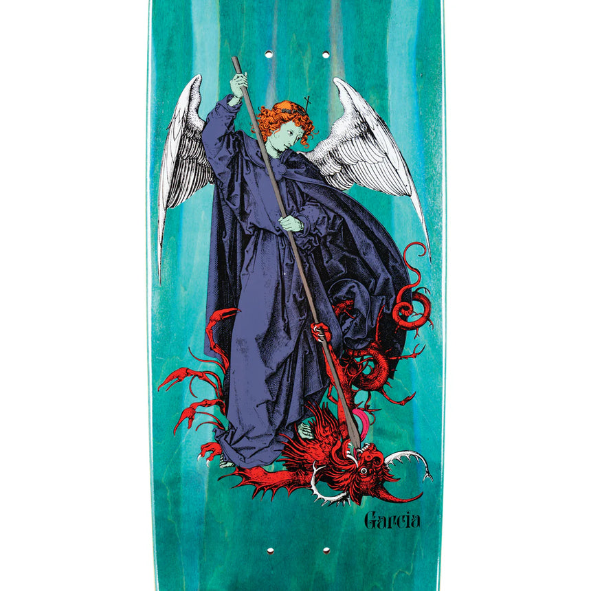 Skateboard deck with a fantasy design of an angelic figure and red dragon on a teal background.
