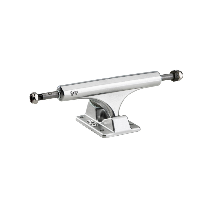 Chrome metal skateboard truck on a white background