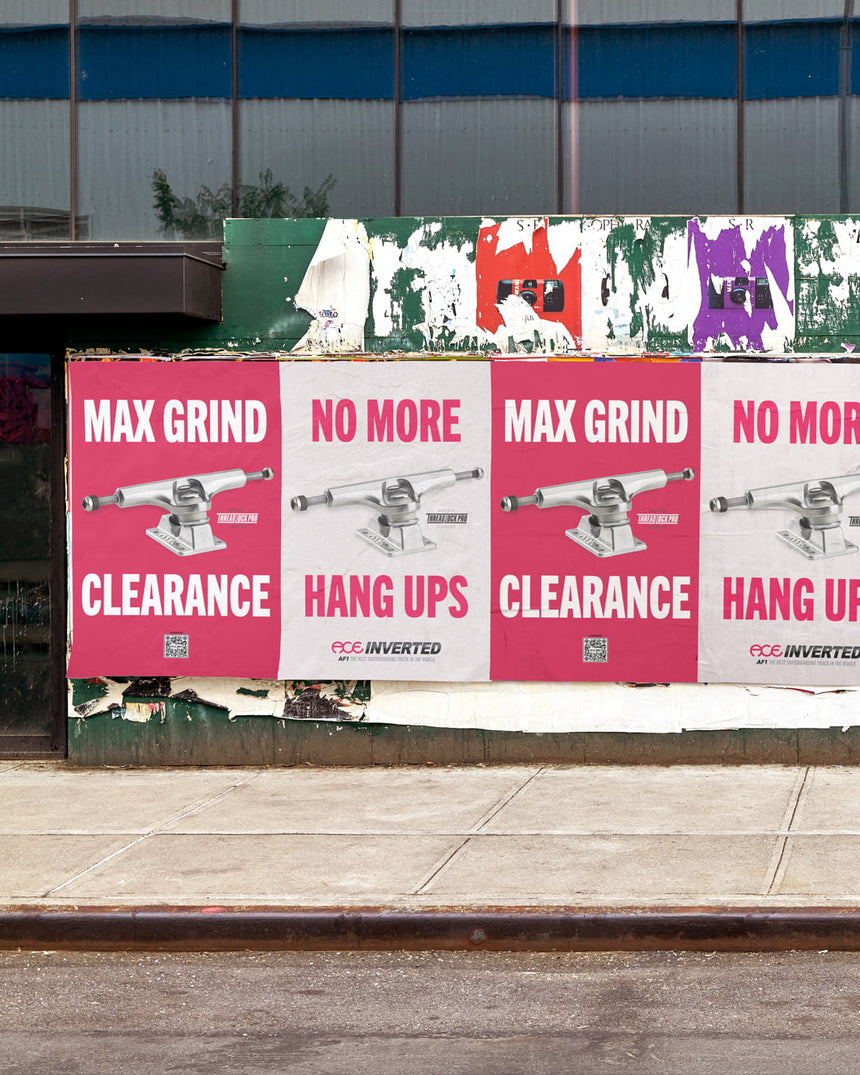 Outdoor advertisement with 'Max Grind' and 'No More Hang Ups' text on a billboard.