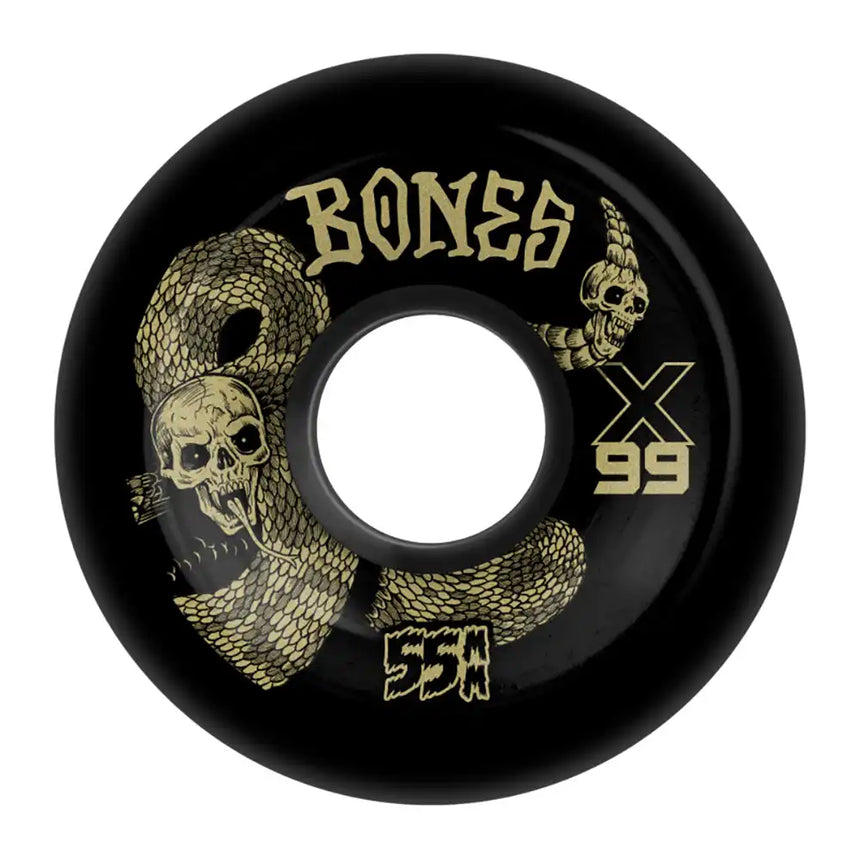Black skateboard wheel with gold snake and skull design and 'Bones' branding on a white background