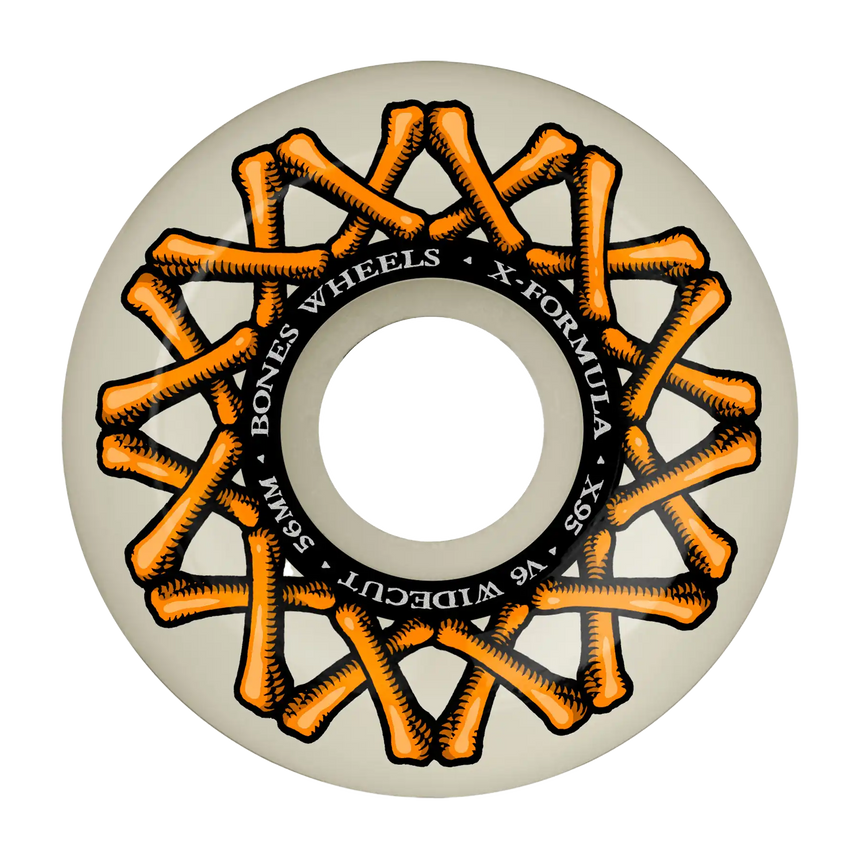 Skateboard wheel with orange bones and black text on a white background