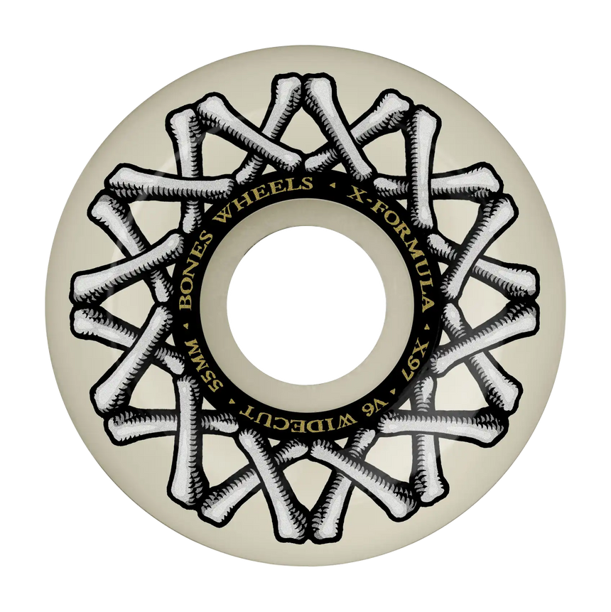 Skateboard wheel with 'Bones Wheels' branding on a beige background