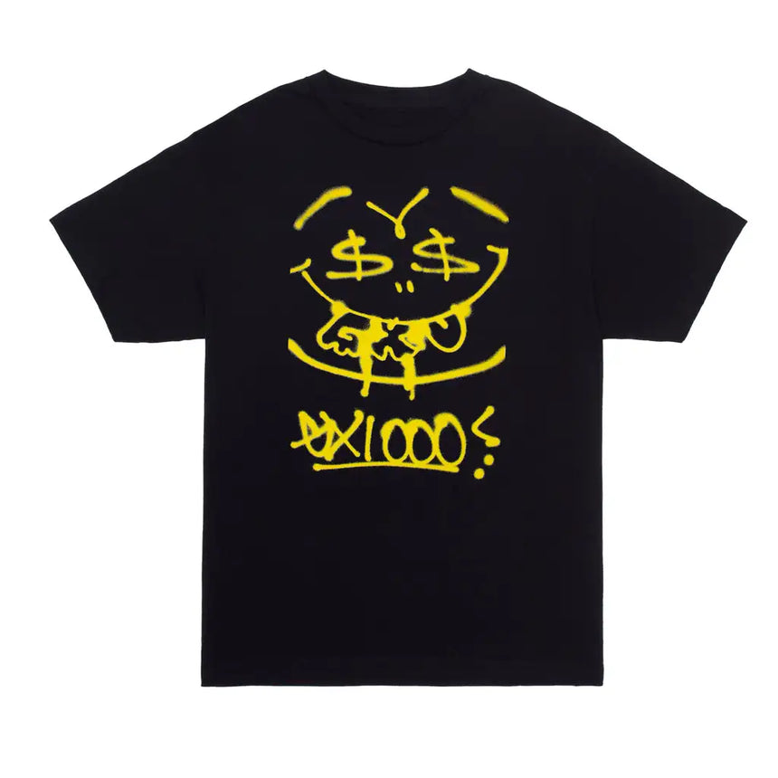 A black crew neck T-shirt with a yellow graphic print on the front.