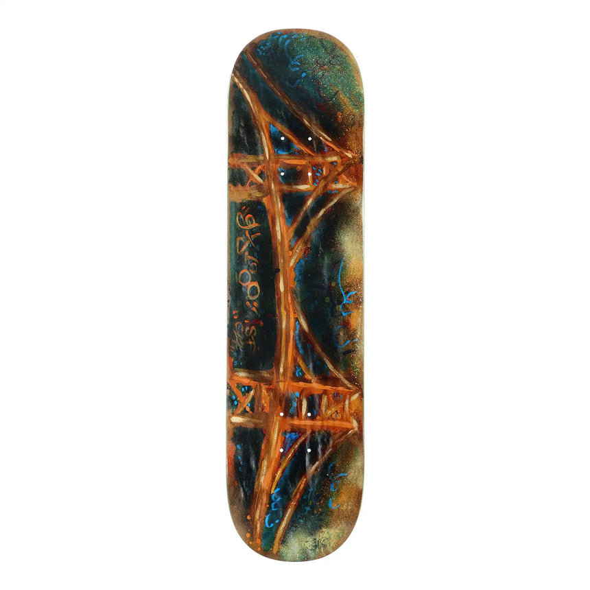 Skateboard deck with artistic design on a white background