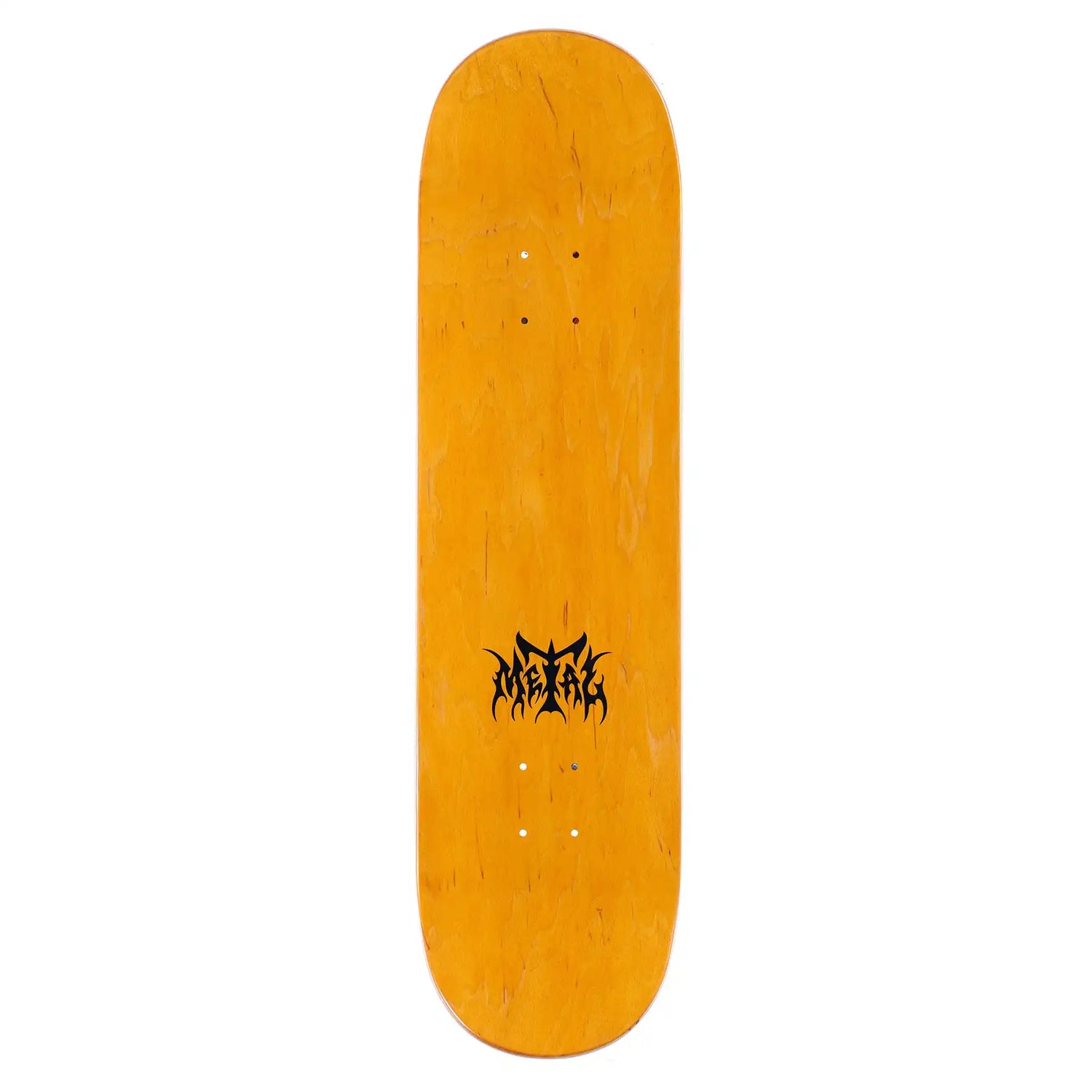 Orange skateboard deck with a black logo on a white background