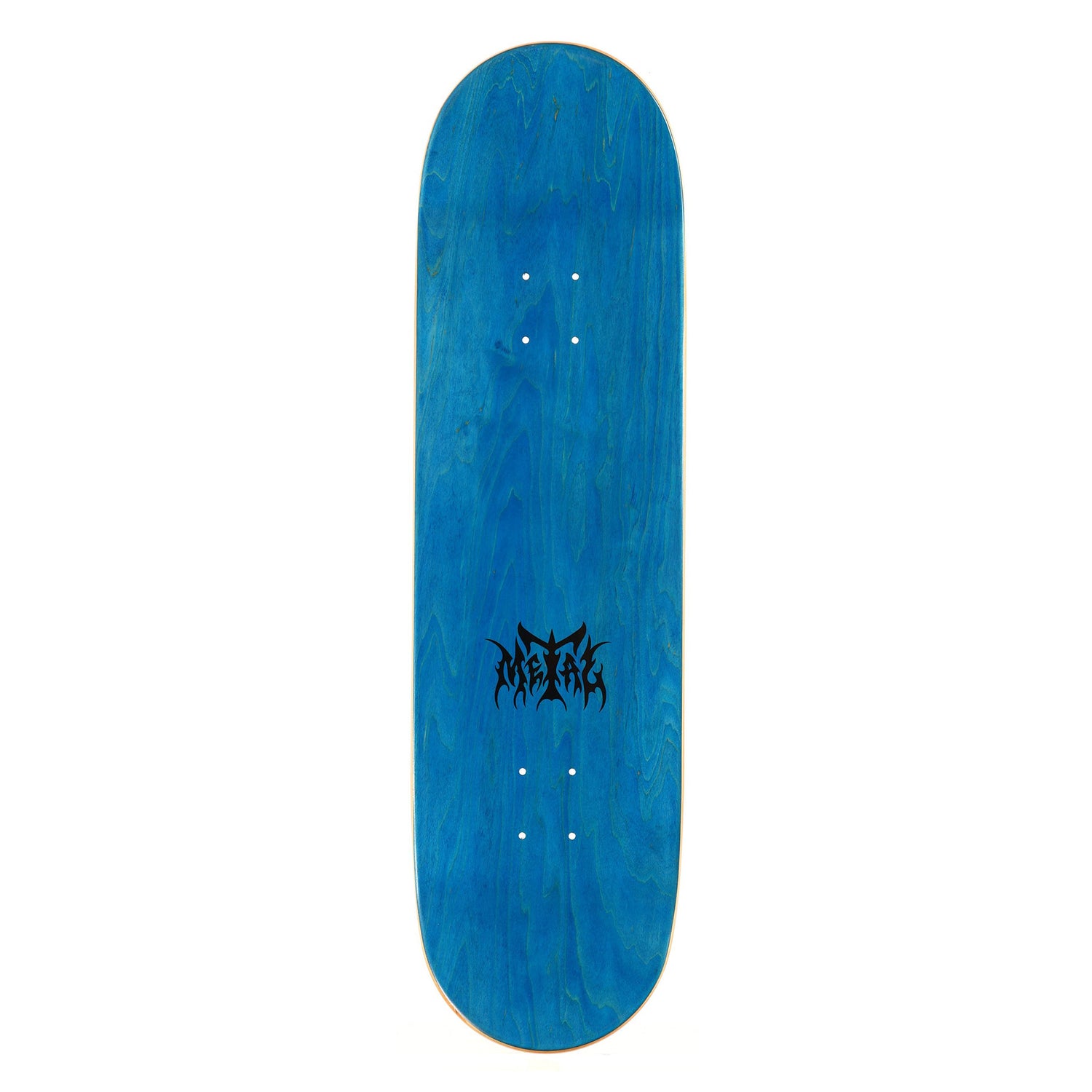 Blue skateboard deck with a black logo on a white background