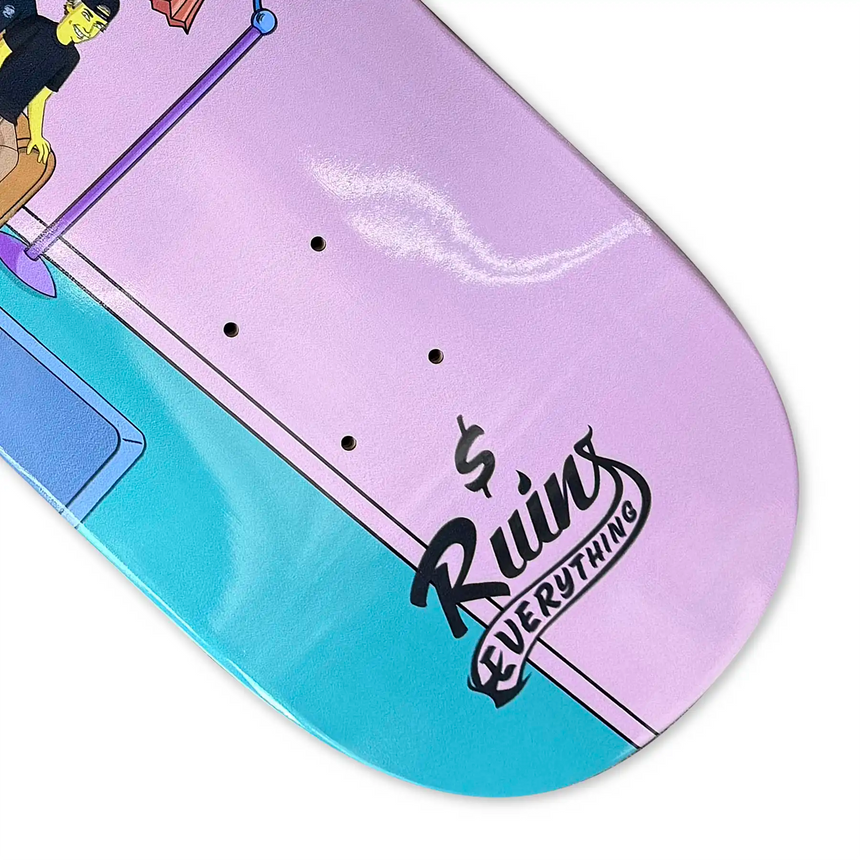 Skateboard deck with 'Ruins Everything' logo on a purple and blue gradient background